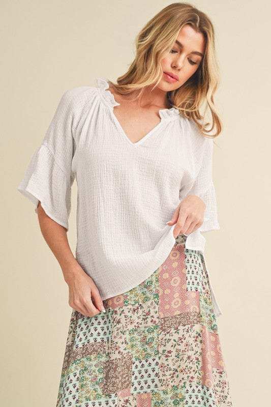 Aemi + Co Side Slit Notched Ruffled Half Sleeve Blouse - Trendsi - Flyclothing LLC
