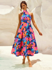 Ruched Printed Halter Neck Sleeveless Dress - Trendsi