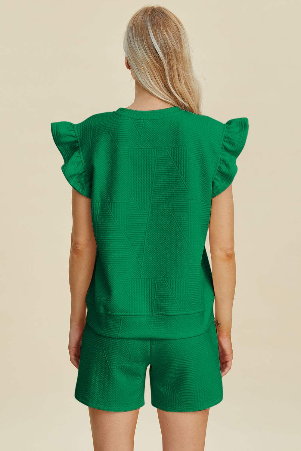 Double Take Full Size Texture Round Neck Ruffle Sleeve Top and Shorts Set - Trendsi - Flyclothing LLC