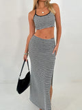 Perfee Striped Halter Neck Top and Slit Skirt Set - Trendsi