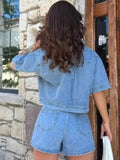 Johnny Collar Short Sleeve Top and Skort Denim Set - Trendsi