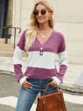 Contrast V-Neck Long Sleeve T-Shirt - Trendsi