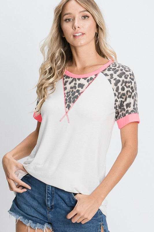 HeimishFull Size Leopard Round Neck Short Sleeve T-Shirt with Stitch Plus Size - Trendsi - Flyclothing LLC