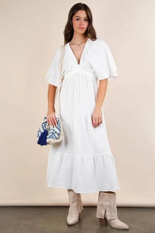 VERY J Mineral Washed Elastic Neck Detail Midi Dress - Trendsi