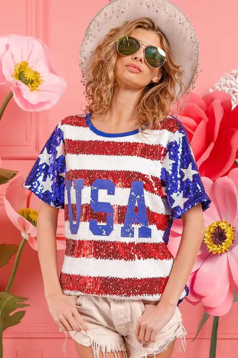 BiBi American Flag Theme USA Lettering Sequin Top - Trendsi - Flyclothing LLC