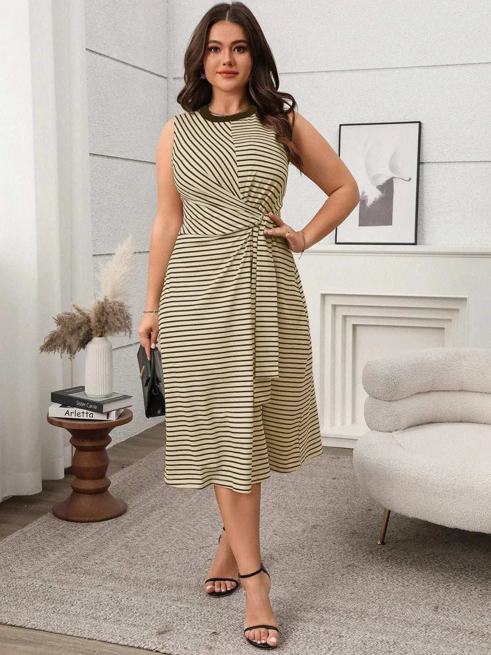 Striped Round Neck Sleeveless Midi Tank Dress - Trendsi - Flyclothing LLC