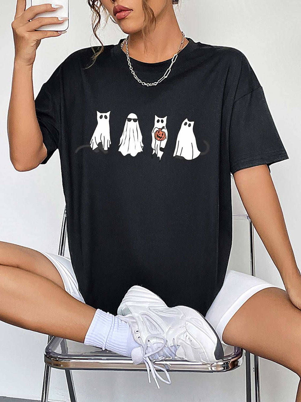 Round Neck Short Sleeve Ghost Graphic T-Shirt - Trendsi - Flyclothing LLC