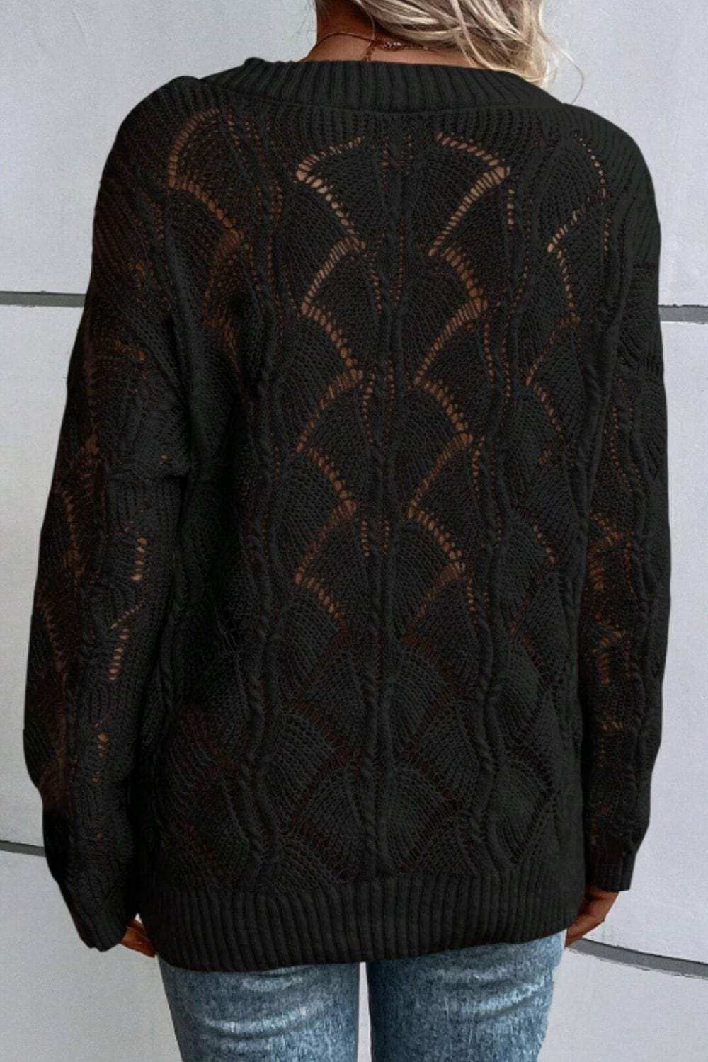 Openwork V-Neck Long Sleeve Sweater - Trendsi - Flyclothing LLC