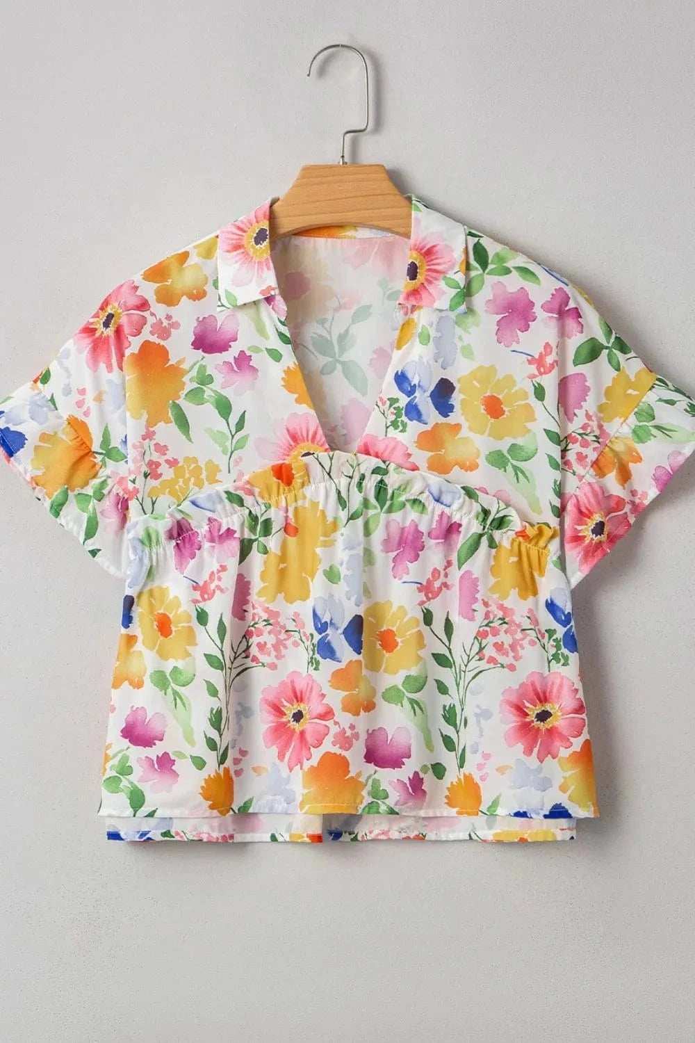 Floral Boxy Fit Ruffled Short Sleeve Blouse - Trendsi - Flyclothing LLC