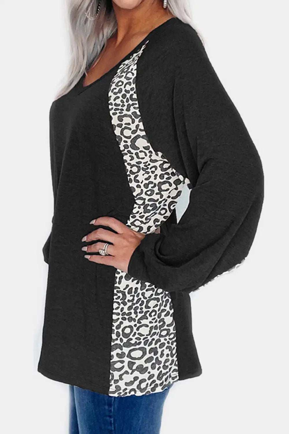 Full Size Leopard V-Neck Long Sleeve T-Shirt - Trendsi - Flyclothing LLC