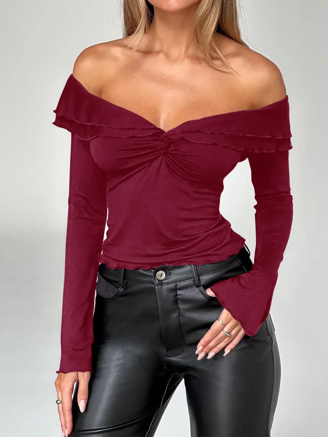 Devine Twisted Ruffled Off-Shoulder Long Sleeve T-Shirt - Trendsi
