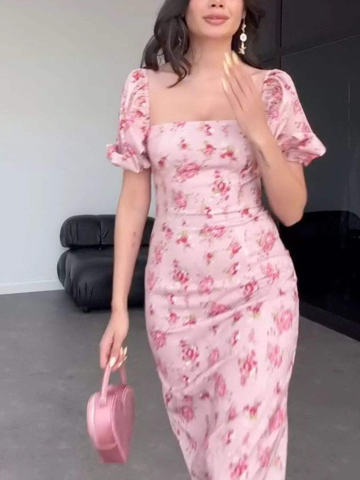 Floral Puff Sleeve Ruched Midi Dress - Trendsi - Flyclothing LLC