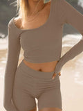Scoop Neck Long Sleeve Top and Shorts Set - Trendsi - Flyclothing LLC