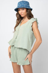 Ruffled V-Neck Cap Sleeve and Shorts Set - Trendsi