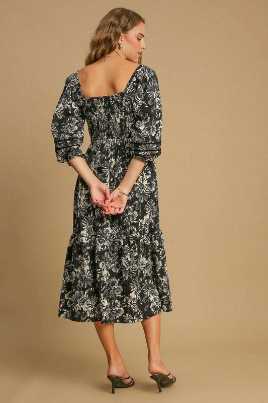 Umgee Ruffle Hem Flower Printed V-Neck Dress - Trendsi - Flyclothing LLC