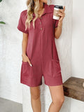 Button Detail Collared Neck Short Sleeve Romper - Trendsi