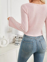 Ribbed Knit Drawstring Long Sleeve T-Shirt - Trendsi - Flyclothing LLC