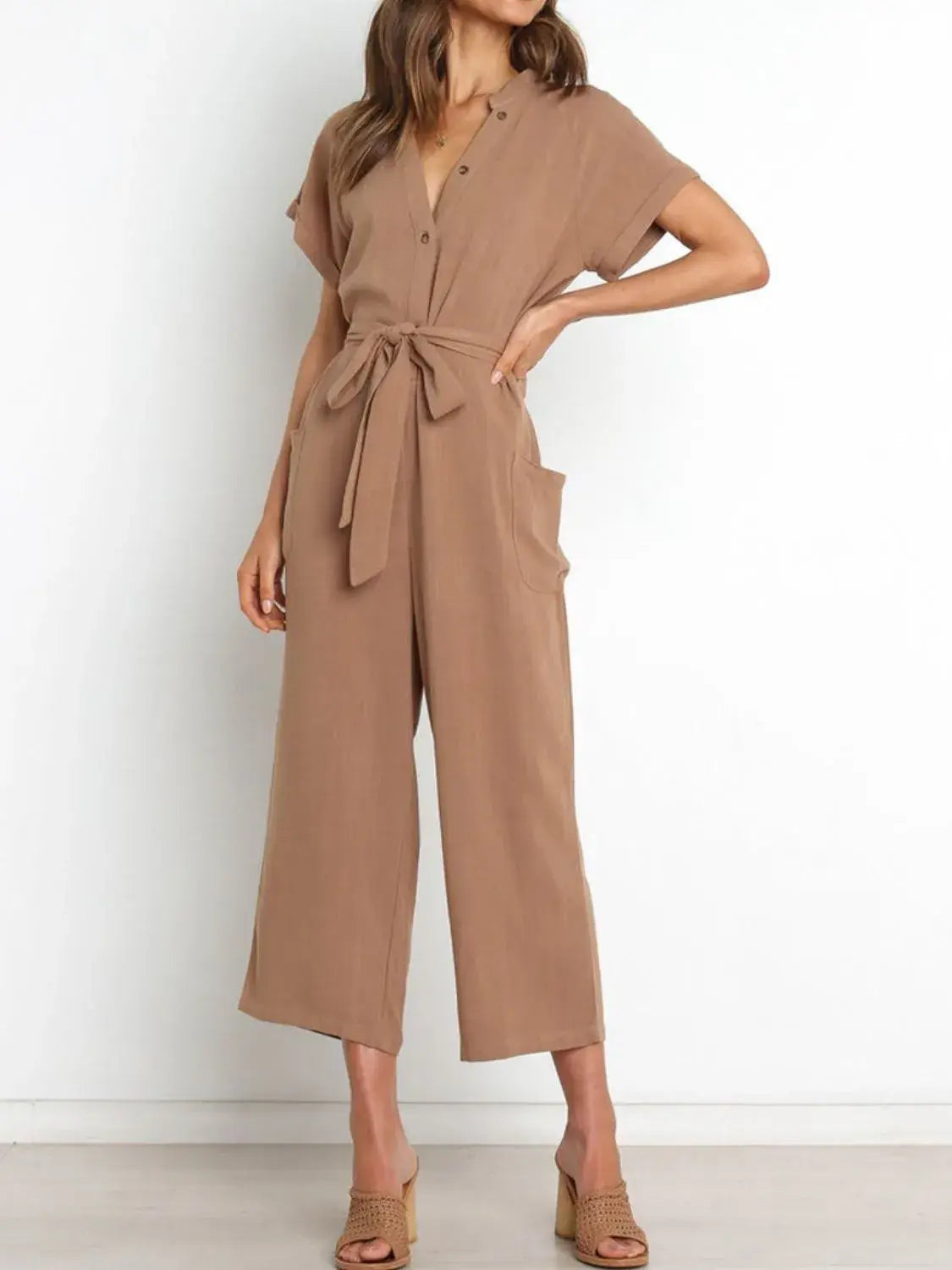 Notched Short Sleeve Tie Waist Jumpsuit - Trendsi - Flyclothing LLC