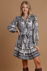 Umgee Full Size Two Tone Floral Border Print Tie Waist Mini Dress Plus Size - Trendsi - Flyclothing LLC