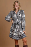 Umgee Full Size Two Tone Floral Border Print Tie Waist Mini Dress Plus Size - Trendsi