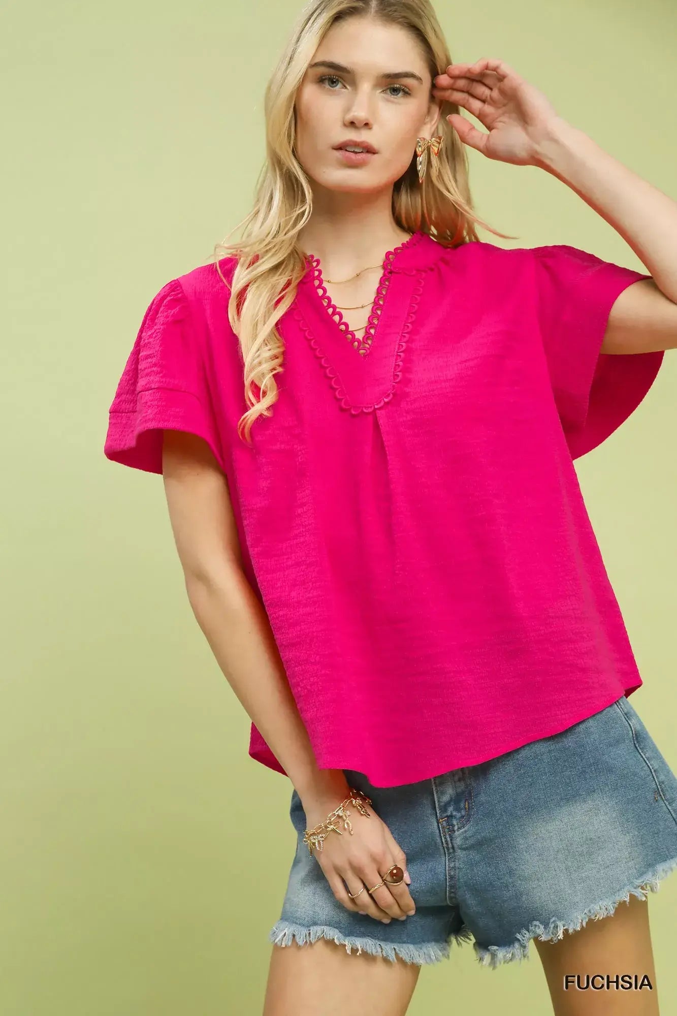Umgee Seersucker Short Sleeve Top with Lace Trim - Trendsi - Flyclothing LLC