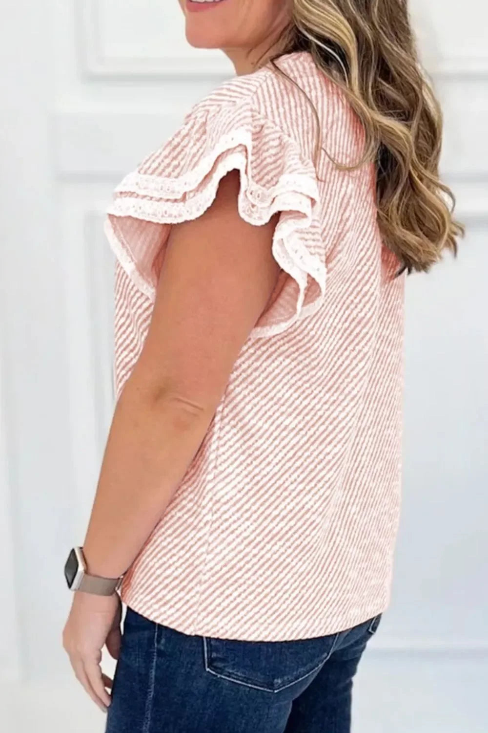 Twilled Print Lace Trim Ruffled Short Sleeve Blouse - Trendsi - Flyclothing LLC