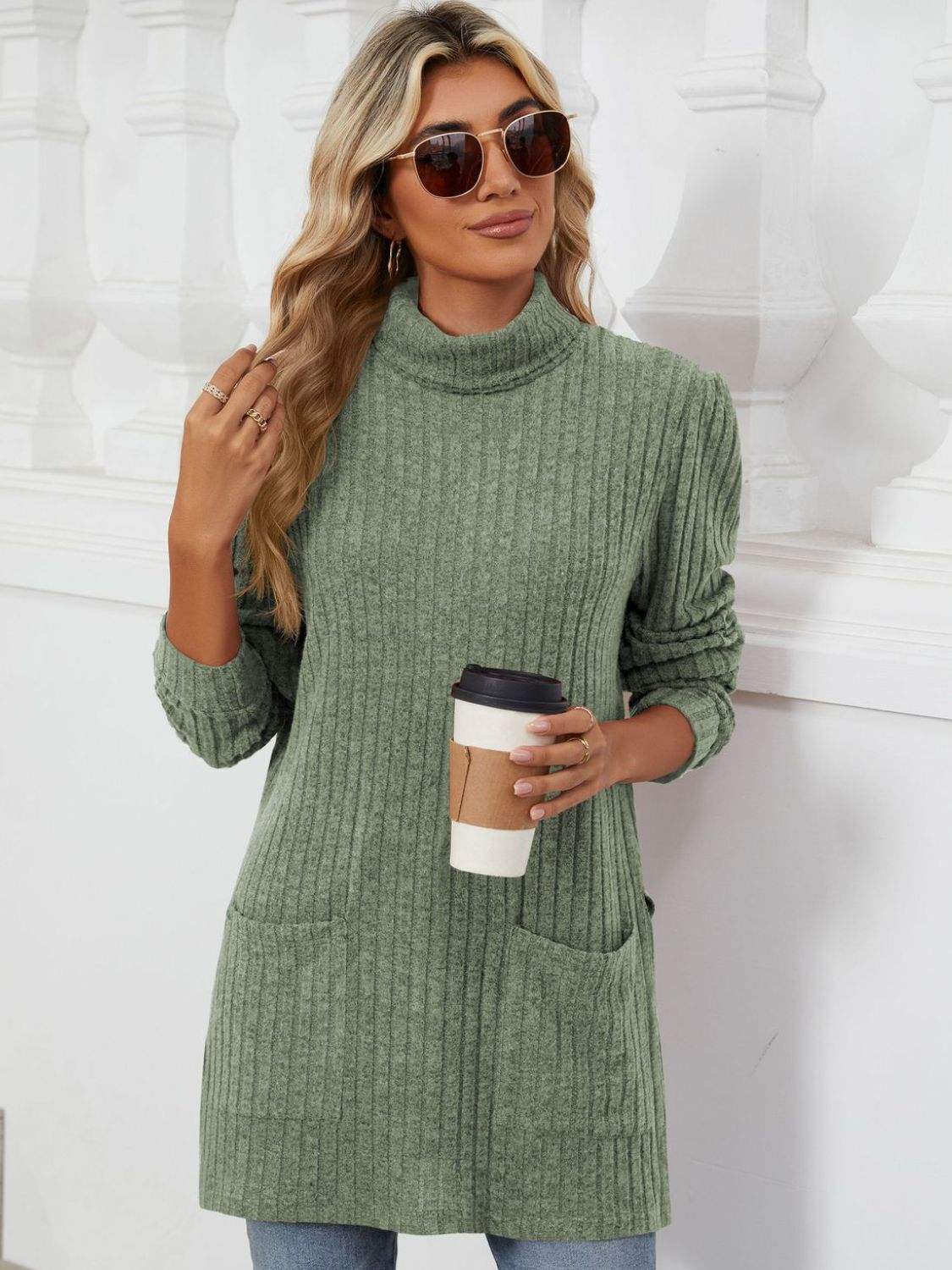 Slit Mock Neck Long Sleeve T-Shirt - Trendsi - Flyclothing LLC