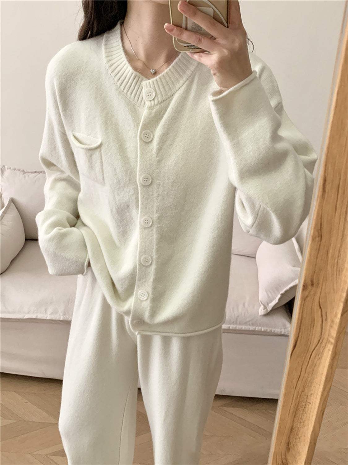 Pocketed Round Neck Button Up Cardigan and Pants Sweater Set - Trendsi - Flyclothing LLC