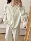 Pocketed Round Neck Button Up Cardigan and Pants Sweater Set - Trendsi