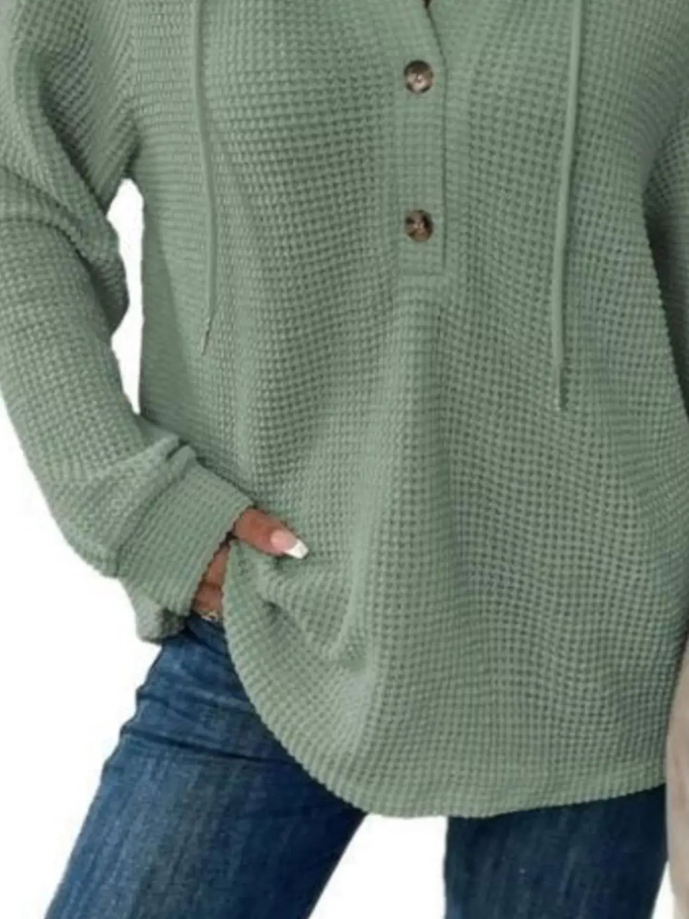 Full Size Button Detail Waffle Knit Hoodie Plus Size - Trendsi - Flyclothing LLC