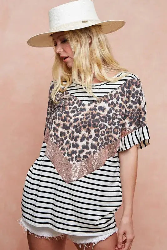 BiBi Stripe Rayon Span Knit Color Block Top With Leopard - Trendsi - Flyclothing LLC