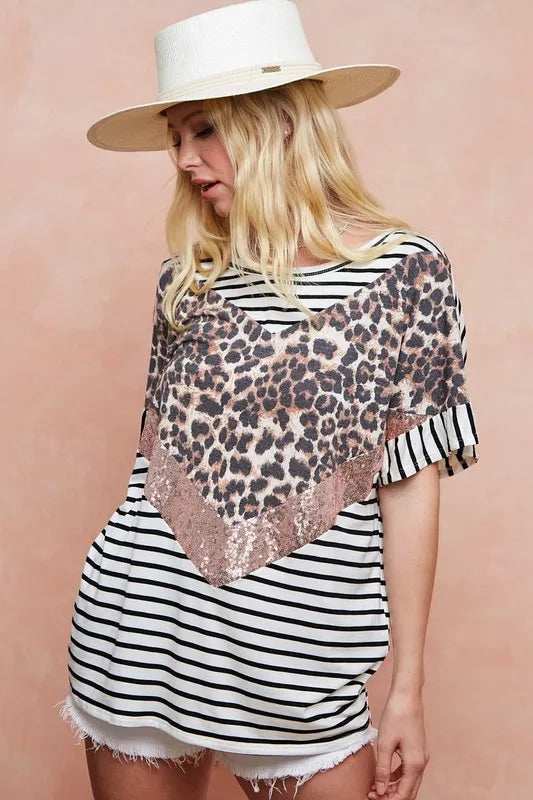 BiBi Stripe Rayon Span Knit Color Block Top With Leopard - Trendsi - Flyclothing LLC