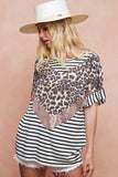 BiBi Stripe Rayon Span Knit Color Block Top With Leopard - Trendsi - Flyclothing LLC