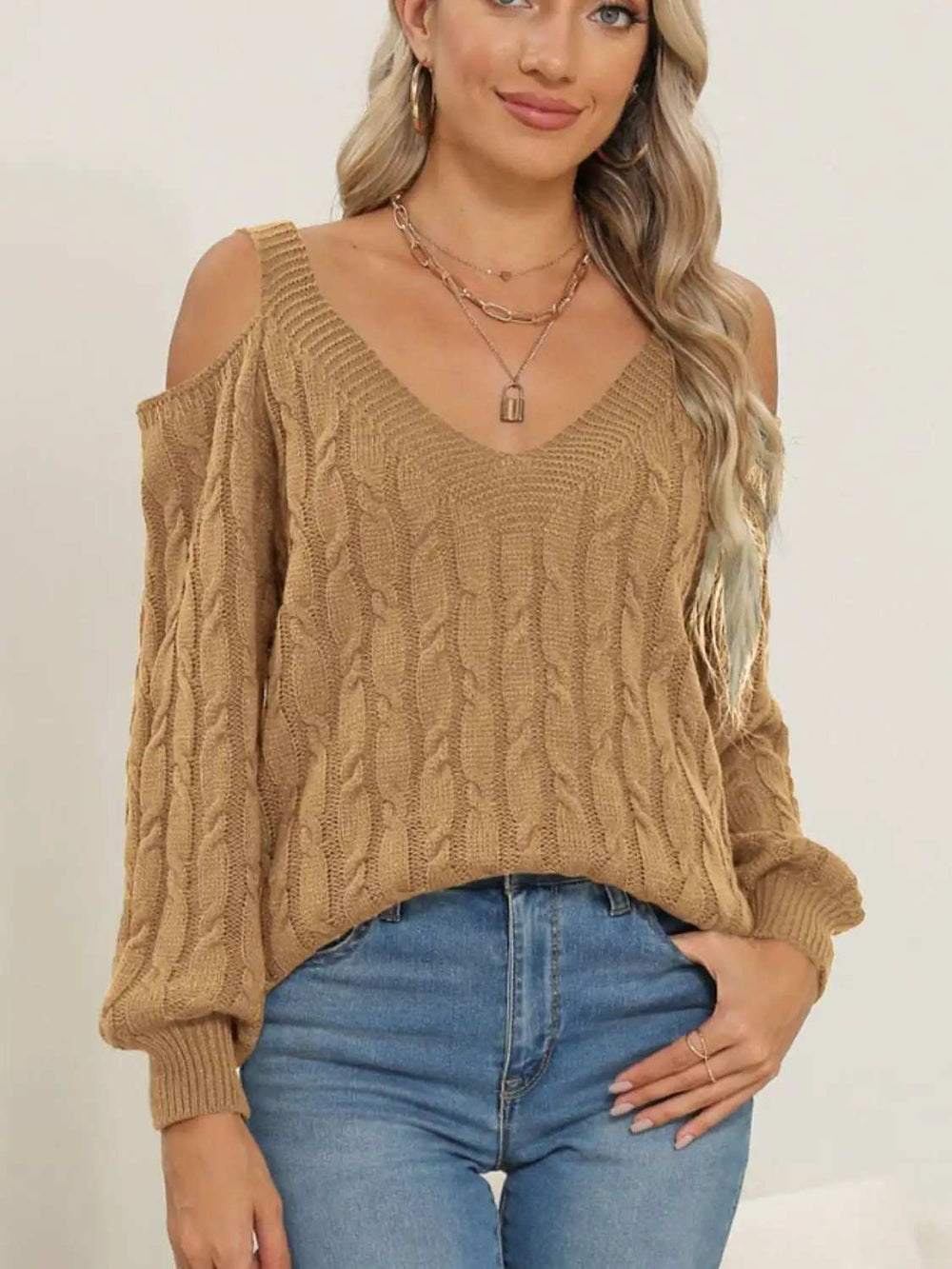Cable-Knit V-Neck Long Sleeve Sweater - Trendsi - Flyclothing LLC