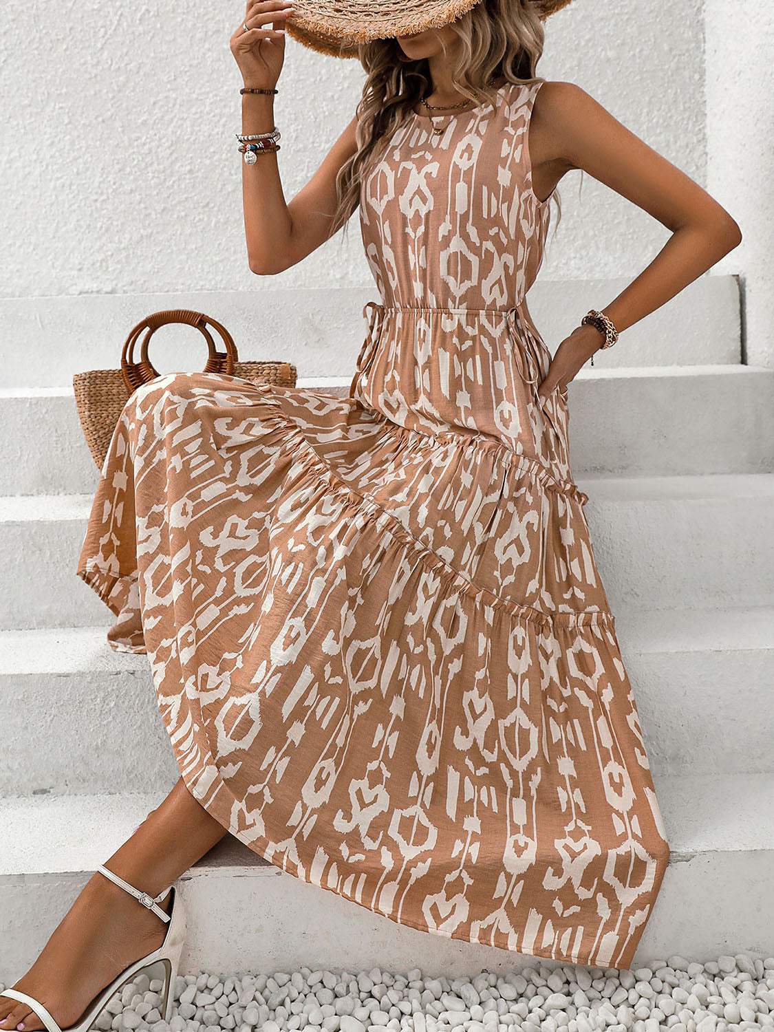 Frill Cutout Printed Round Neck Sleeveless Dress - Trendsi - Flyclothing LLC