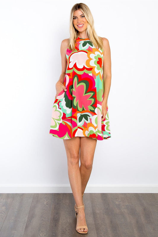 Be Stage Full Size Floral Sleeveless Mini Dress with Pockets - Trendsi