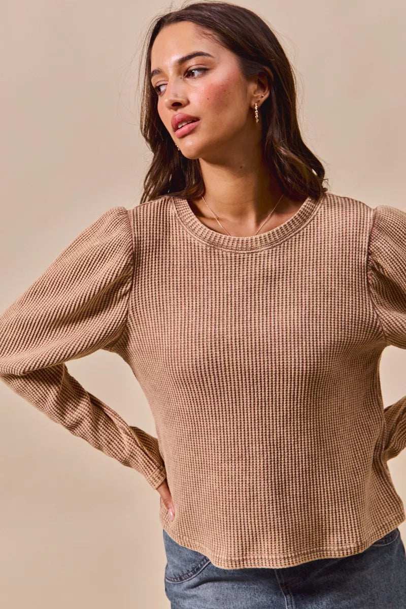 SO ME Mineral Washed Waffle Top With Puff Sleeves - Trendsi - Flyclothing LLC