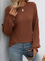 Ribbed Round Neck Long Sleeve T-Shirt - Trendsi - Flyclothing LLC