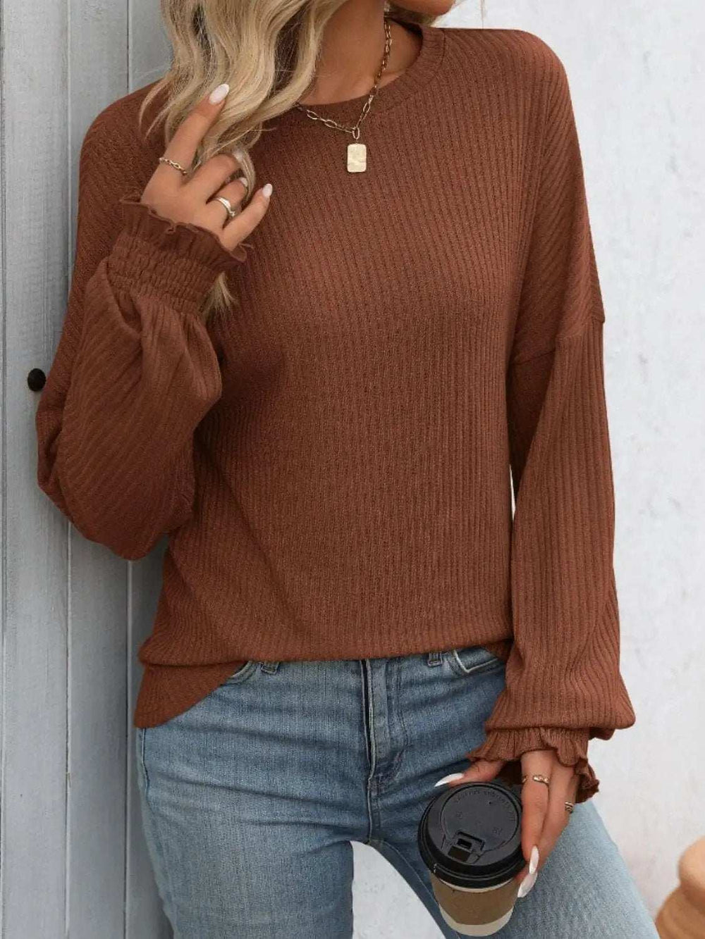 Ribbed Round Neck Long Sleeve T-Shirt - Trendsi - Flyclothing LLC