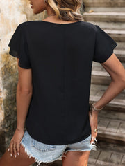 Decorative Button Round Neck Short Sleeve Blouse - Trendsi