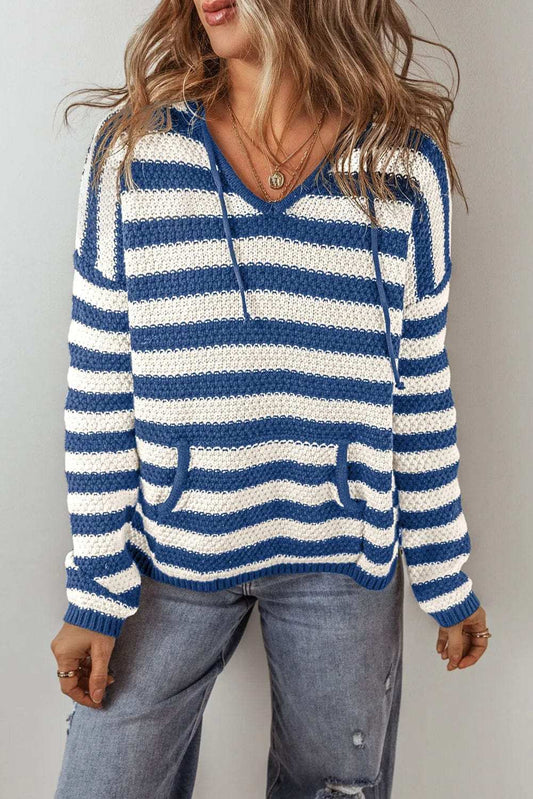 Drawstring Striped Long Sleeve Hooded Sweater - Trendsi - Flyclothing LLC