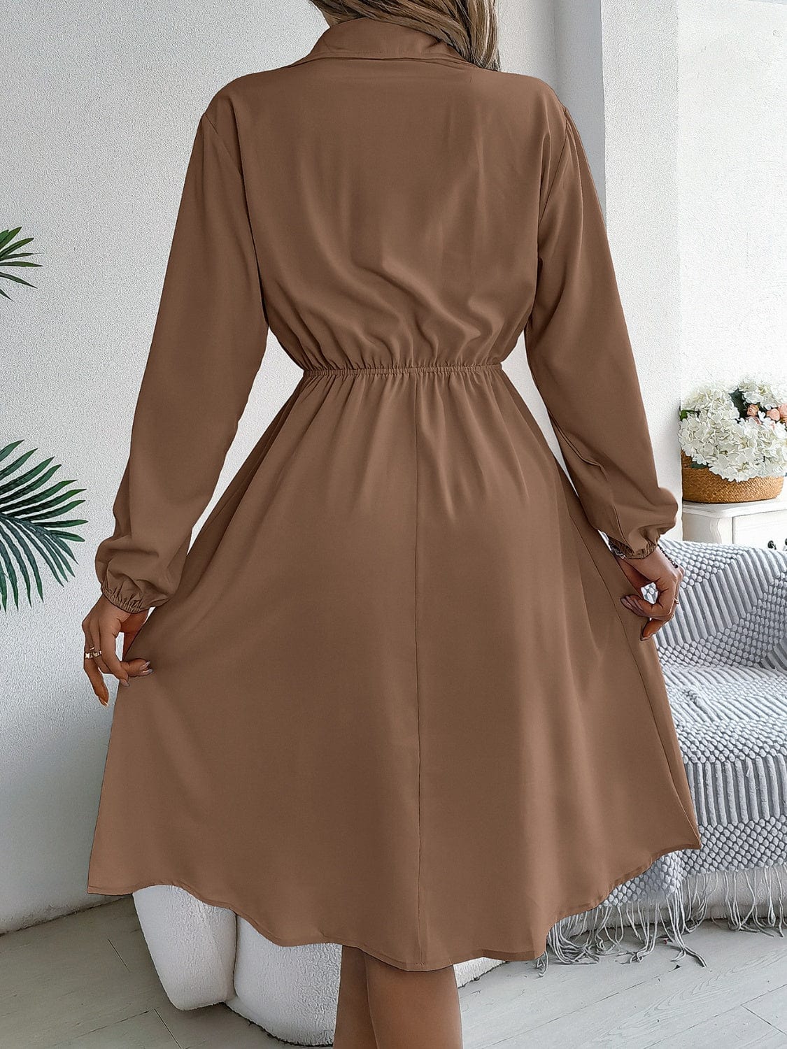 Collared Neck Long Sleeve Dress with Pockets - Trendsi