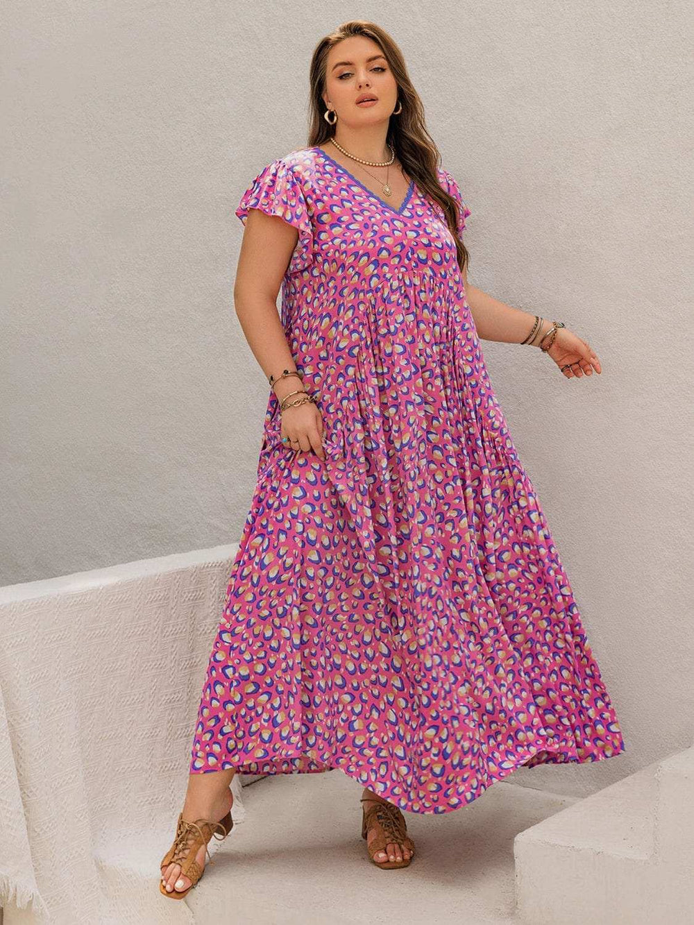 Plus Size Printed V-Neck Flutter Sleeve Tie Waist Maxi Dress - Trendsi - Flyclothing LLC