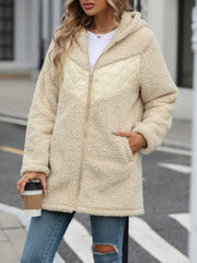Fuzzy Zip Up Long Sleeve Hooded Jacket - Trendsi