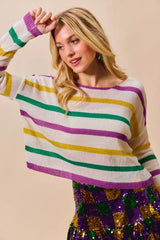 SO ME Mardi Gras Color Stripe Lightweight Sweater Top - Trendsi - Flyclothing LLC