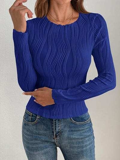Textured Round Neck Long Sleeve Top - Trendsi - Flyclothing LLC