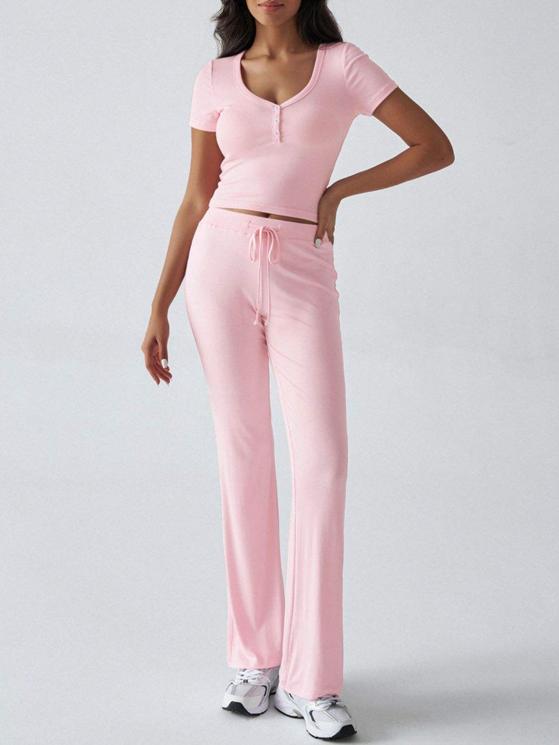 Devine Short Sleeve Top and Drawstring Pants Set - Trendsi - Flyclothing LLC