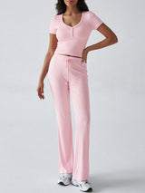 Devine Short Sleeve Top and Drawstring Pants Set - Trendsi - Flyclothing LLC