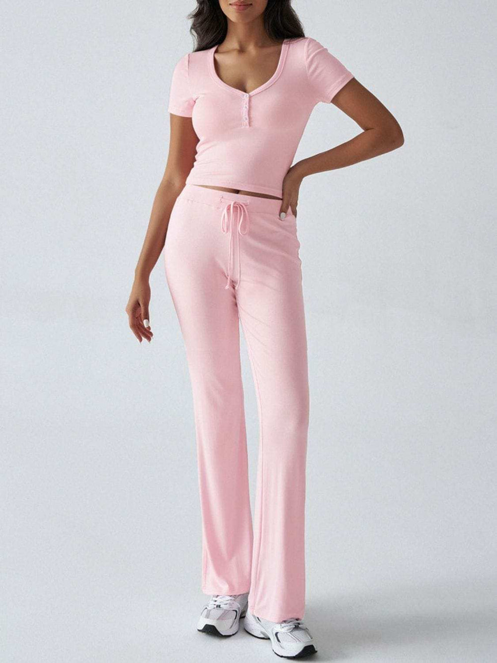 Devine Short Sleeve Top and Drawstring Pants Set - Trendsi - Flyclothing LLC