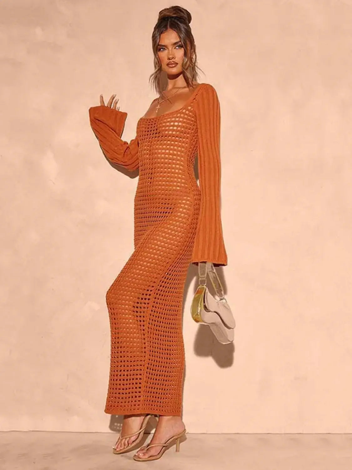 Openwork Square Neck Flare Sleeve Cover-Up Dress - Trendsi - Flyclothing LLC